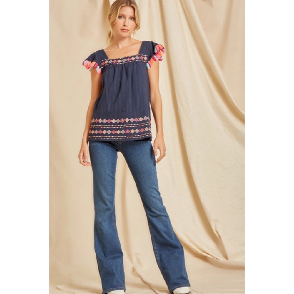 SOLD OUT Navy Geometric Embroidered Tassel Trimmed Woven Short Sleeve Top - Picture 4 of 5